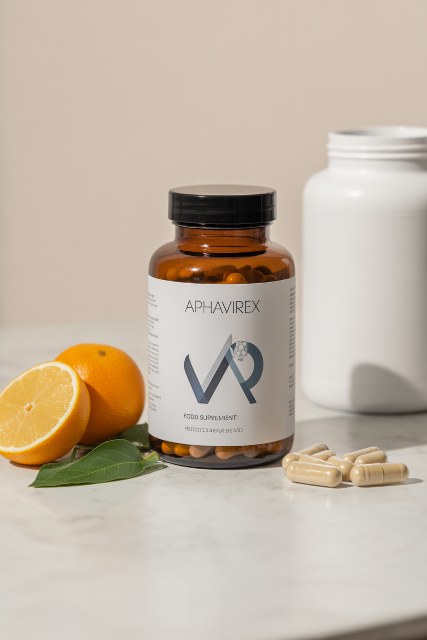 AlphaVirex food supplement bottle with branded label